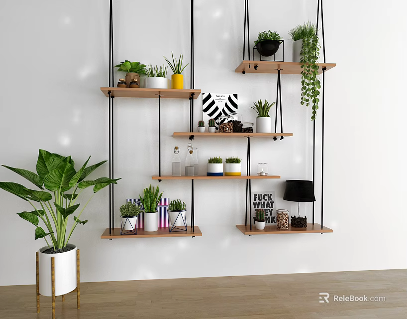 Indoor Bonsai and Potted Plants Display on Wooden Wall Shelves with Decorations 3d model 