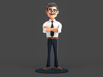 3D Man Wearing Glasses White Shirt Black Tie Standing With Arms Crossed On Black Base 3d model