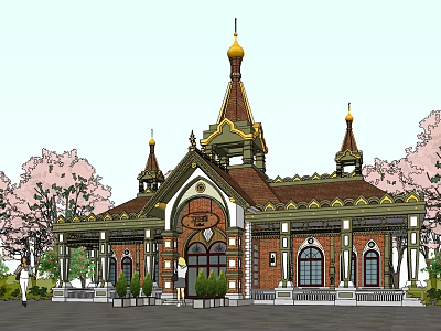 Exquisite European style Architecture With Golden Onion Domes Red Brick Walls Arched Windows And Pink Trees 3d model