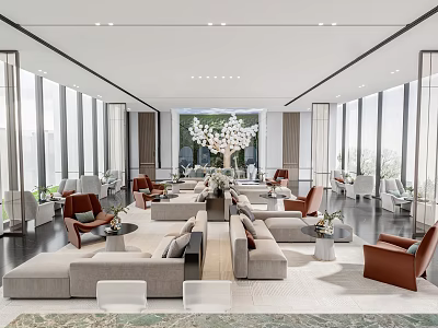 Modern Lounge Area With Sofas Armchairs Green Plants And Floor To Ceiling Windows 3d model