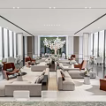 Modern Lounge Area With Sofas Armchairs Green Plants And Floor To Ceiling Windows