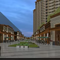 Evening Modern Commercial Street With High Rise Buildings Shops Greenery Plaza and Lighting