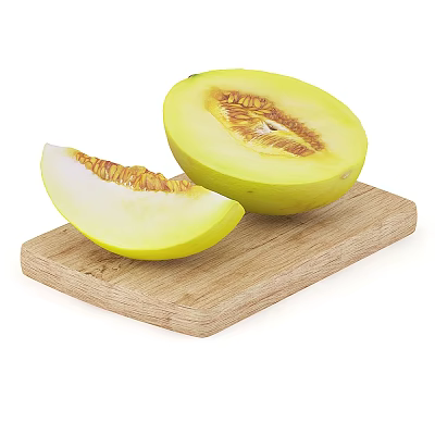 Fresh Ripe Yellow Melon Sliced with Juicy Flesh on Wooden Cutting Board 3d model