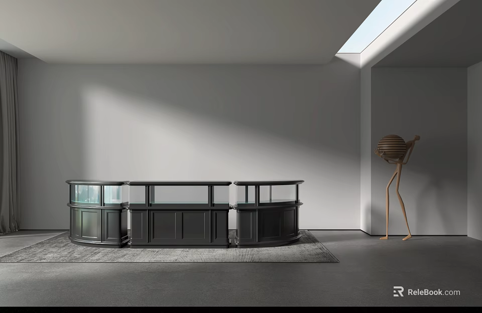 Modern Black Display Shelves With Curved Design Glass Doors Skylight Lighting Grey Carpet Exhibition Space 3d model 