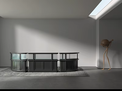 Modern Black Display Shelves With Curved Design Glass Doors Skylight Lighting Grey Carpet Exhibition Space 3d model