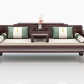 Traditional Chinese Arhat Bed With Wooden Frame Green Beige Cushions And Small Tea Table Decorations