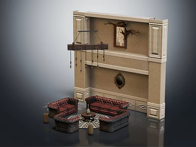 Red Upholstered Sofa and Coffee Table Set with Fireplace Wall Decor and Hanging Ornaments 3d model