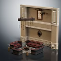 Red Upholstered Sofa and Coffee Table Set with Fireplace Wall Decor and Hanging Ornaments