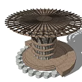 Wooden Circular Pergola Featuring Multi layer Design With Top Structure And Stone Pedestal Base 3d model
