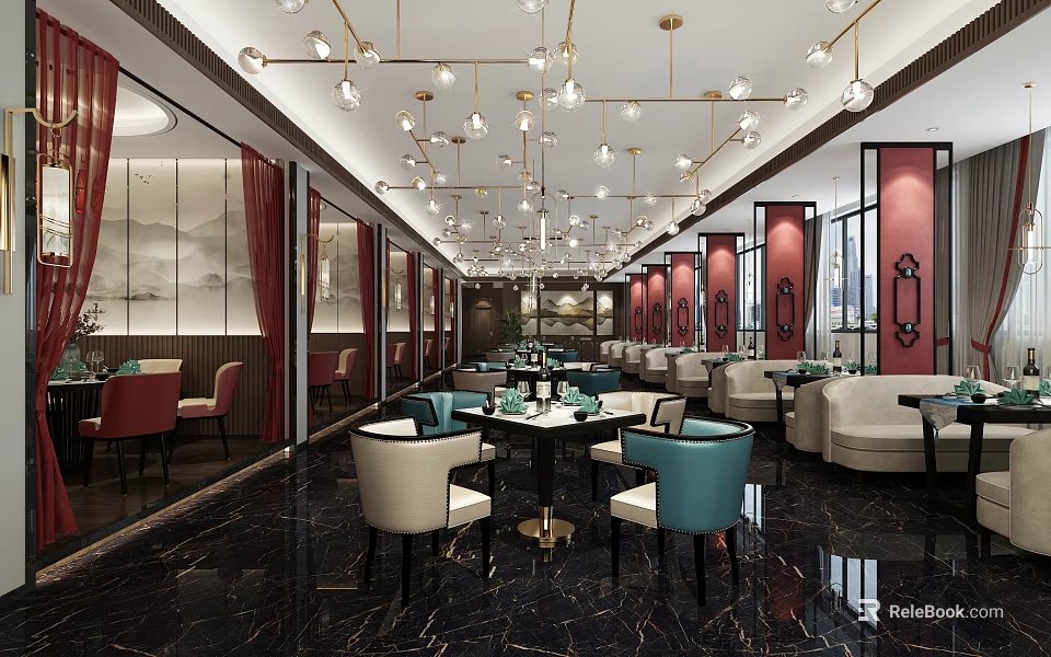 Elegant Restaurant Interior With Red Beige Decor Chandeliers Dining Chairs And Marble Flooring 3d model 