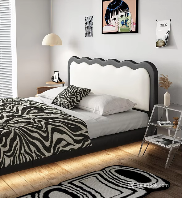 Double Bed With Zebra Print Quilt Black And White Headboard Nightstand And Table Lamp 3d model 