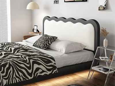 Double Bed With Zebra Print Quilt Black And White Headboard Nightstand And Table Lamp 3d model