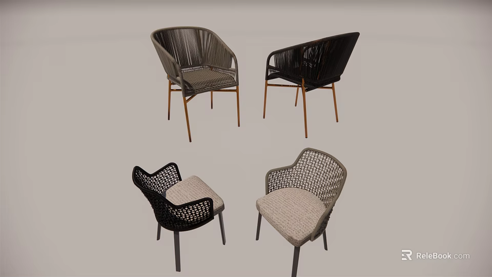 Modern Single Chairs With Wicker Design And Metal Legs In Black And Beige 3d model 