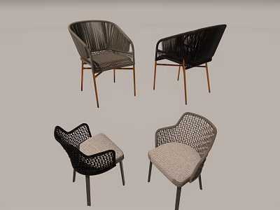 Modern Single Chairs With Wicker Design And Metal Legs In Black And Beige 3d model
