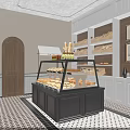 Cozy Dessert Shop Interior With Display Case Pastries Wooden Shelves Bread Baskets And Checkered Floor