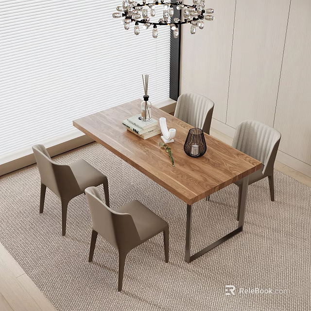 Modern Wooden Dining Table Set With Light Gray Chairs And Decorative Items 3d model