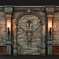 Stone Wall Arched Door Design With Metal Decorations And Wall Sconces