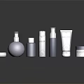 Purple And White Skincare Products Spray Bottles Lotion Tubes Cream Jars On Black Reflective Surface
