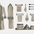Elegant Bathroom Linen Collection With Hanging Bathrobes Towels Racks And Shelf