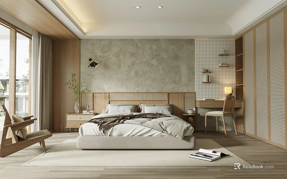 Modern Bedroom Interior With Concrete Wall Wooden Headboard Nightstand Table Lamp And Natural Light 3d model 