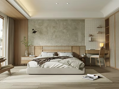 Modern Bedroom Interior With Concrete Wall Wooden Headboard Nightstand Table Lamp And Natural Light 3d model