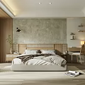 Modern Bedroom Interior With Concrete Wall Wooden Headboard Nightstand Table Lamp And Natural Light