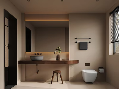 Modern Minimalist Bathroom Interior With Large Mirror Wooden Sink Toilet And Potted Plant 3d model