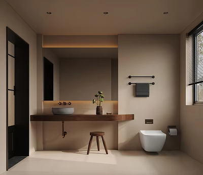 Modern Minimalist Bathroom Interior With Large Mirror Wooden Sink Toilet And Potted Plant 3d model