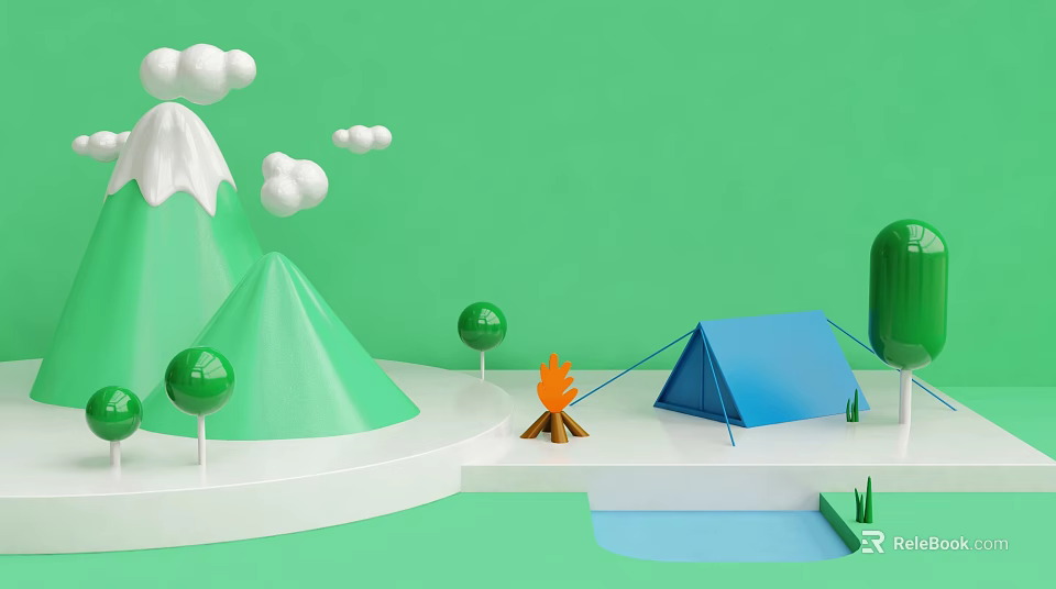 Cartoon Camping Scene With Green Snowy Mountains White Clouds Blue Tent Campfire And Small Pool 3d model 