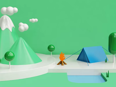 Cartoon Camping Scene With Green Snowy Mountains White Clouds Blue Tent Campfire And Small Pool 3d model