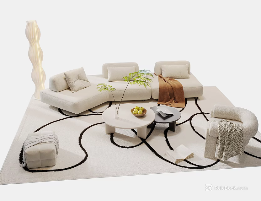 Modern Beige Sofa And Coffee Table Set With Decorative Pillows Green Plant And Stylish Rug 3d model 