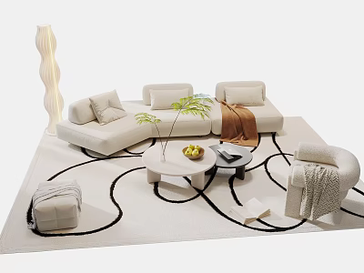 Modern Beige Sofa And Coffee Table Set With Decorative Pillows Green Plant And Stylish Rug 3d model