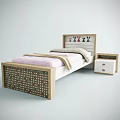 Single Bed with Bunny Pattern Headboard Wooden White Wardrobe Bookshelf and Nightstand Pink Accents