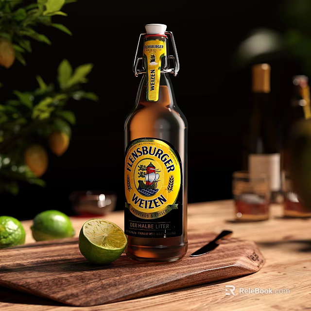 Cider Bottle And Glass With Fresh Limes And Knife On Wooden Table With Green Plants 3d model 