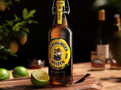 Cider Bottle And Glass With Fresh Limes And Knife On Wooden Table With Green Plants 3d model