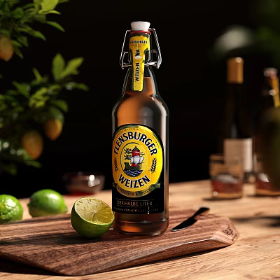 Cider Bottle And Glass With Fresh Limes And Knife On Wooden Table With Green Plants 3d model