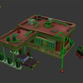 Red Roof Gas Station Building With Fuel Pumps Parked Car And Oil Drums