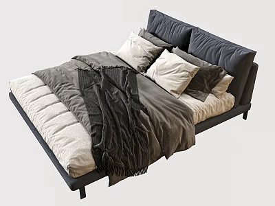 Modern Double Bed With Dark Upholstered Headboard White Gray Pillows And Soft Blanket 3d model