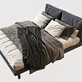 Modern Double Bed With Dark Upholstered Headboard White Gray Pillows And Soft Blanket