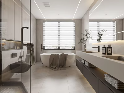 Modern Spacious Bathroom Interior With Bathtub Vanity Mirror Windows And Plants 3d model