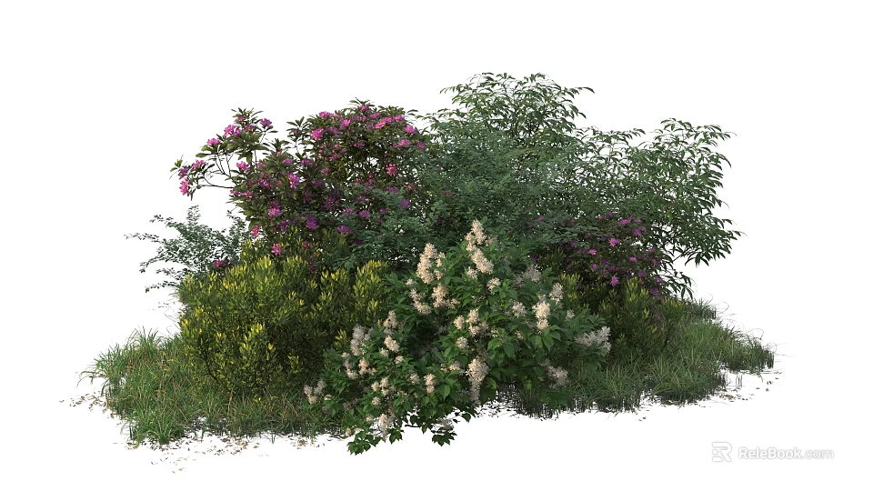 Various Types Of Garden Shrubs With Purple Flowers Green Leaves And Yellow Foliage 3d model 