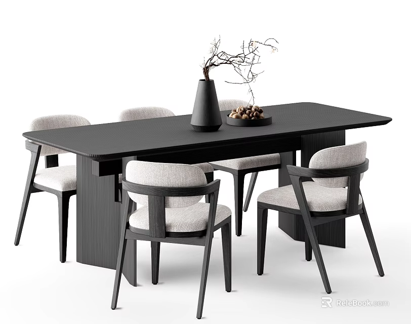 Stylish Modern Black Dining Table And Light Gray Chairs With Decorative Vase And Tabletop Decorations 3d model 