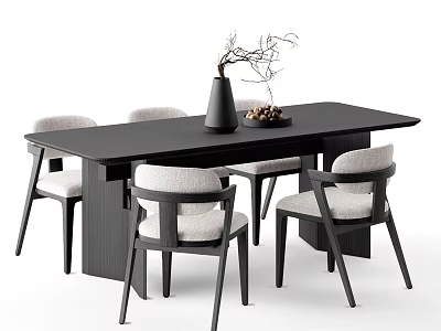 Stylish Modern Black Dining Table And Light Gray Chairs With Decorative Vase And Tabletop Decorations 3d model