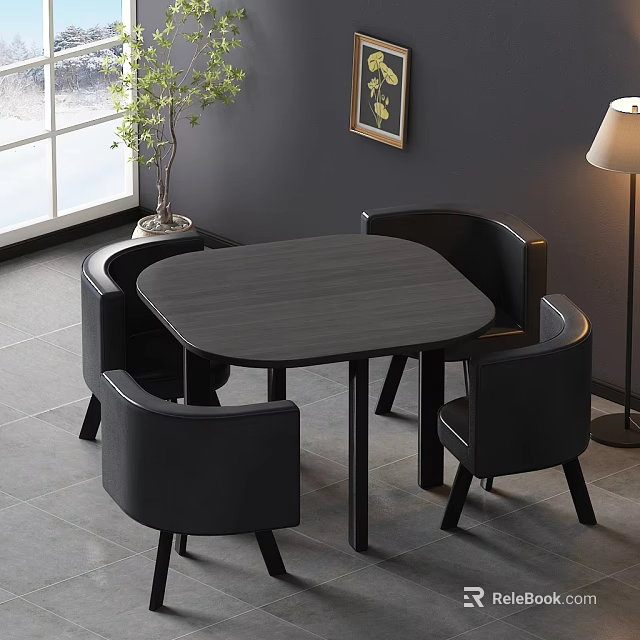 Modern Black Round Dining Table And Four Chairs Set For Indoor Space 3d model