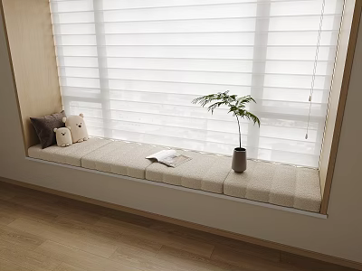 Bay Window With Cushioned Seat Pillows Stuffed Toy Book Potted Plant Blinds In Modern Interior 3d model