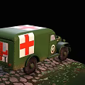 Green Military Ambulance With Red Cross White Star And Large Tires On Stony Ground