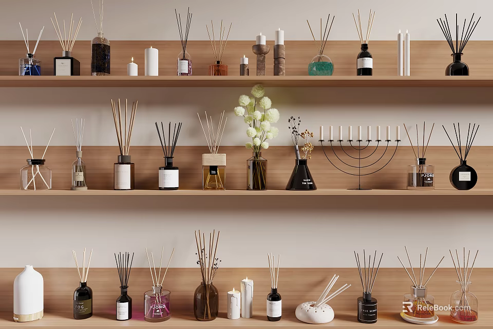 Shelf Display of Diverse Perfume Cosmetic Products 3d model 