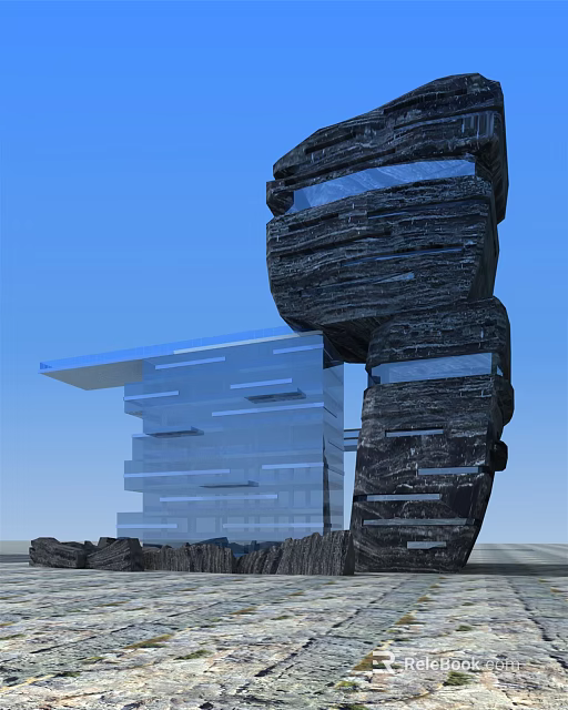 Modern Stone and Wood Architectural Structure With Glass Elements Design 3d model