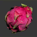 Fresh Pink Dragon Fruit With Green Leaves On Dark Background Showing Ripe Texture And Reflection