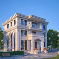 Elegant Detached Villa Exterior With Classic Design Large Windows Balcony And Lush Garden